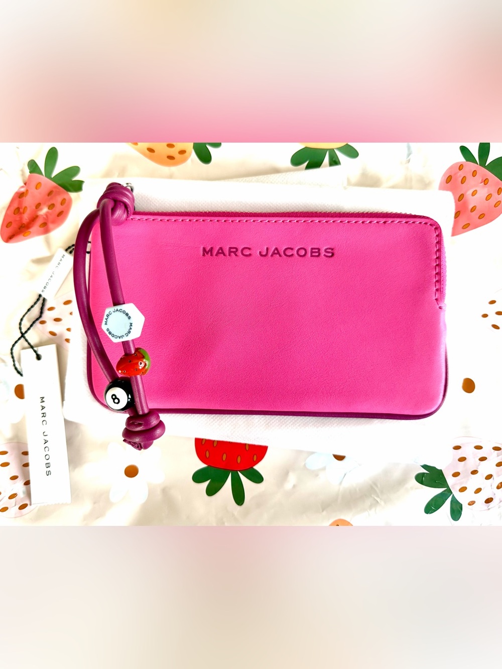 Marc Jacobs Hot Leather Wristlet Pouch in Magenta with Novelty Beaded Strap